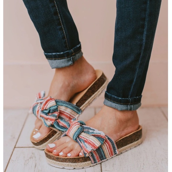 Multi Colored Slip On Linen Fabric Bow Sandals - Picture 3 of 11